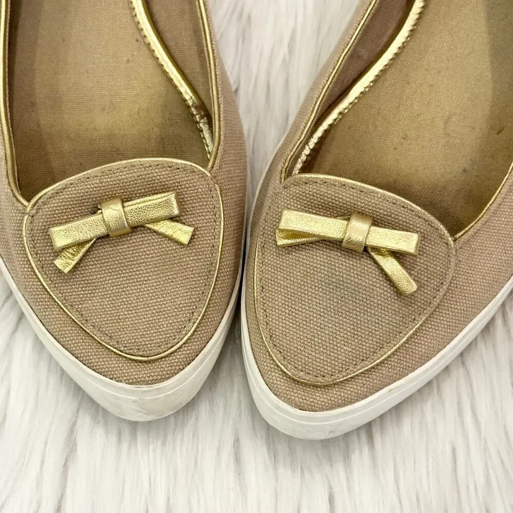 Tory Burch Dakota Flats Sneaker Canvas Leather Bow Logo Shoes, Tan/ Gold